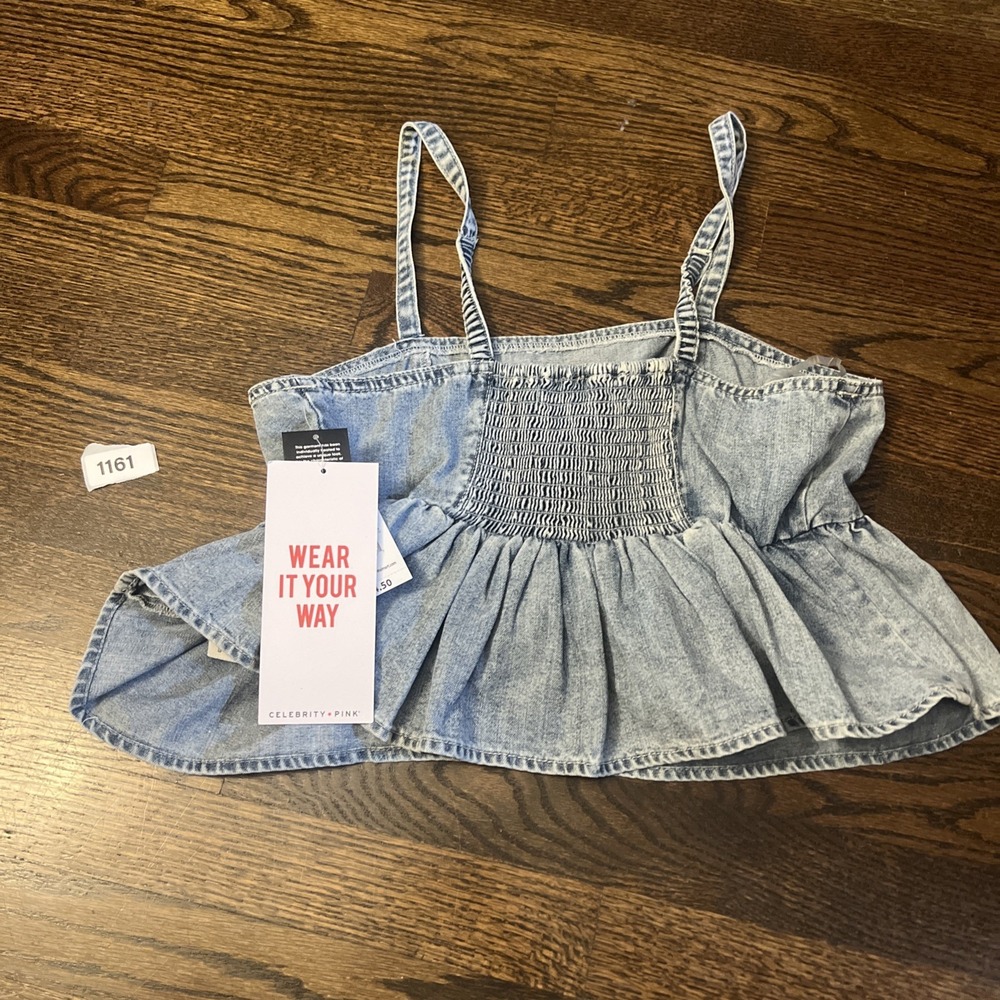 Celebrity Pink Sleeveless Denim Peplum Top for Women Size L SL Denim Babydoll - Picture 2 of 3